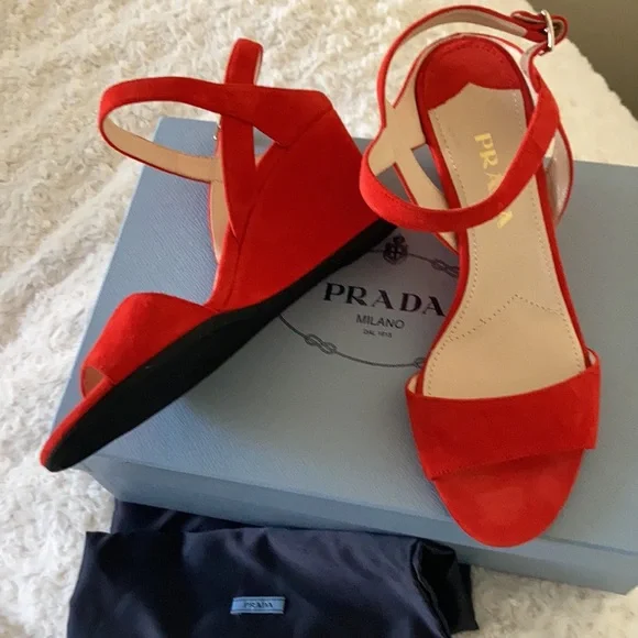 PRADA NEW ❤️Red suede wedge heel sandals size 37.5 - Picture 2 of 7
